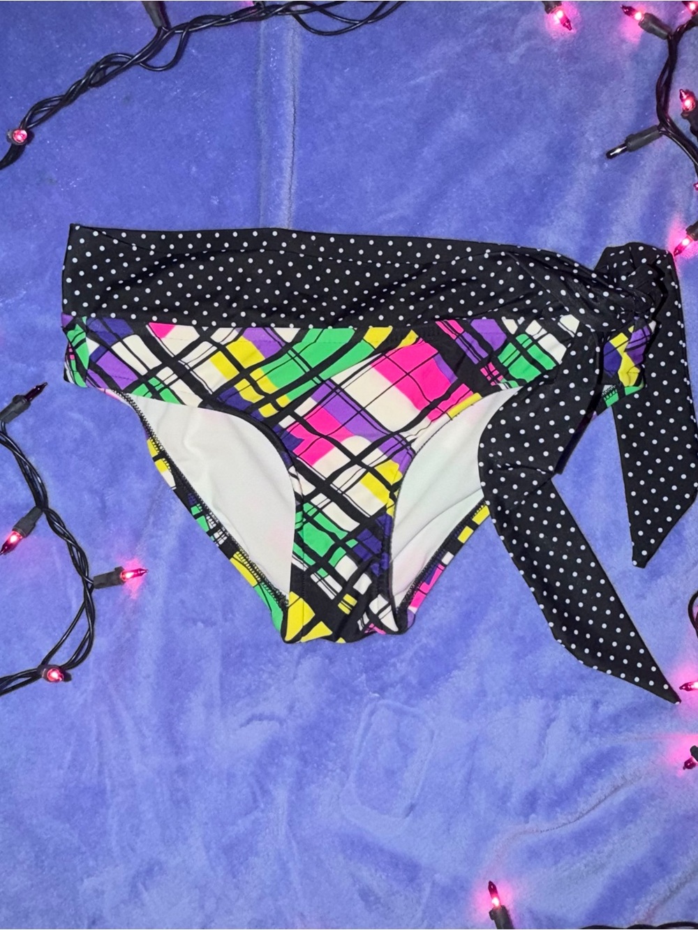 Polka Dot Tie-Side Bikini Bottom with Neon Plaid